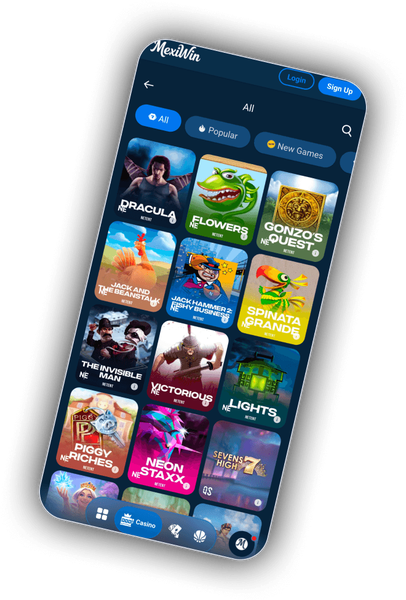 Pantalla móvil de casino de MexiWin con categorías de slots y casino en vivo